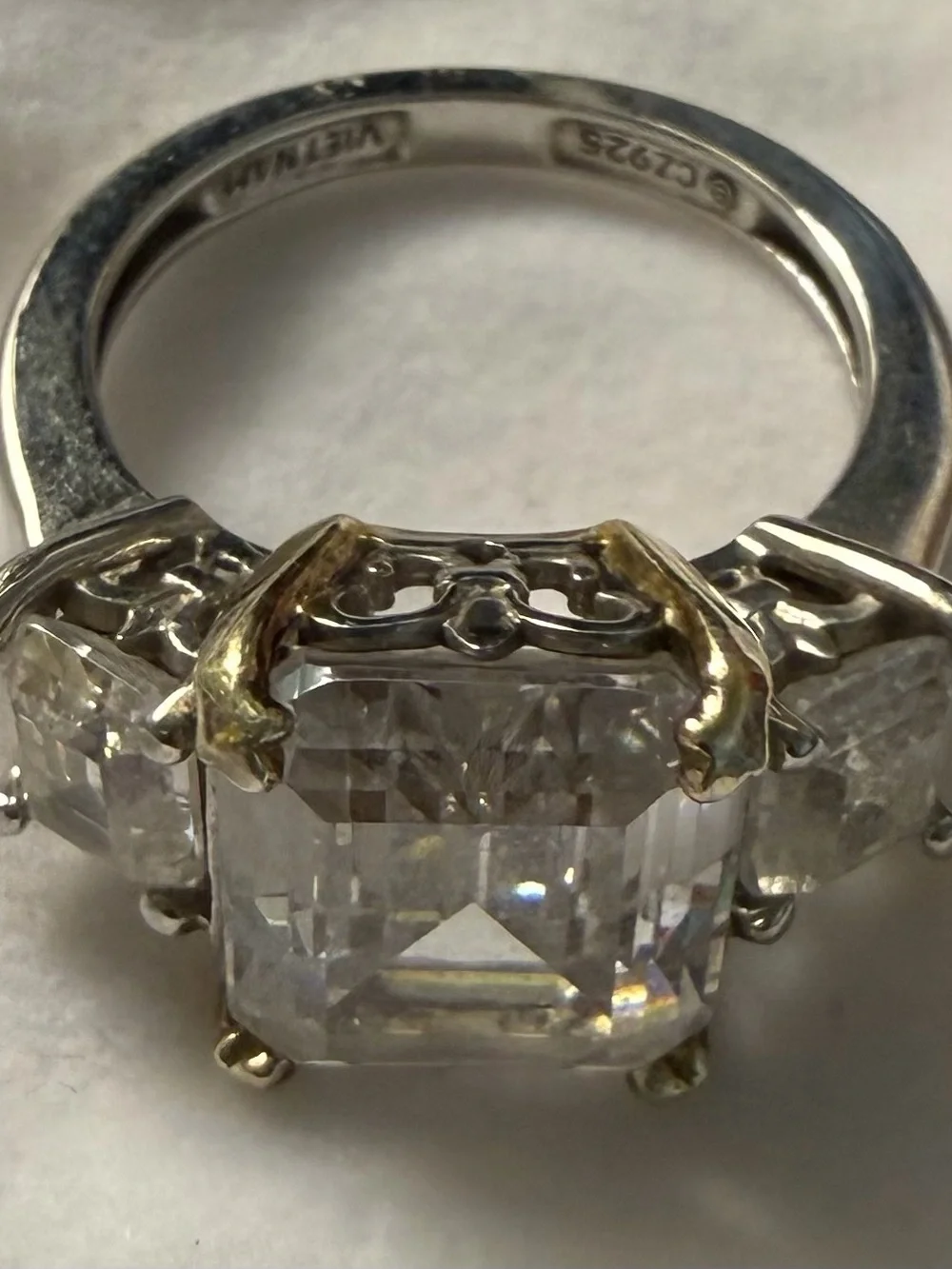 Sterling Silver and Gold-Prong Emerald-Cut CZ Ring - White